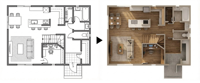 間取りから3D鳥瞰図の作成イメージ